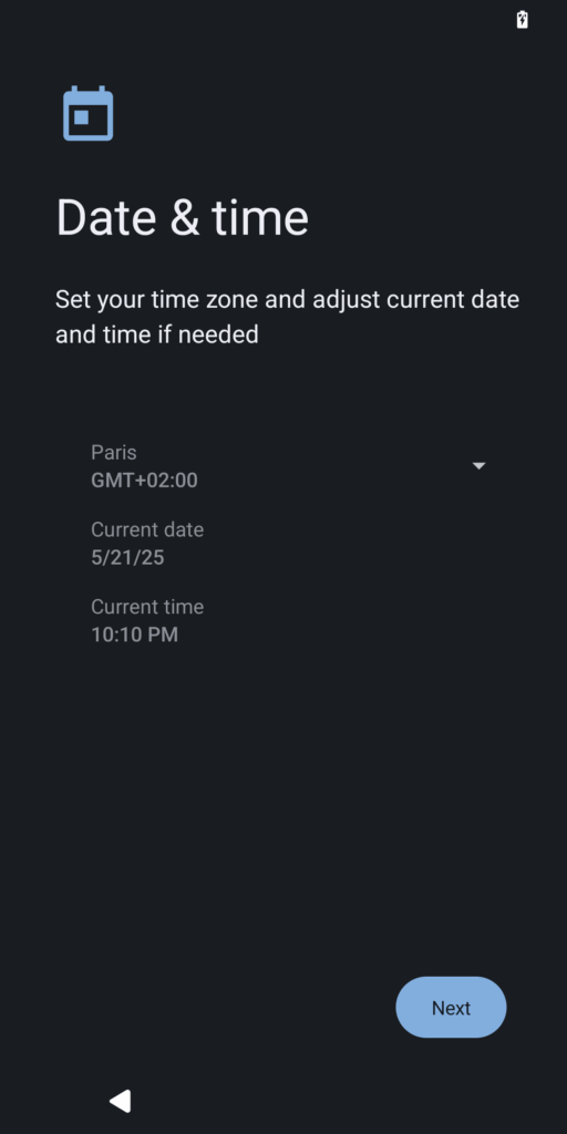 iodéOS setup - date and time